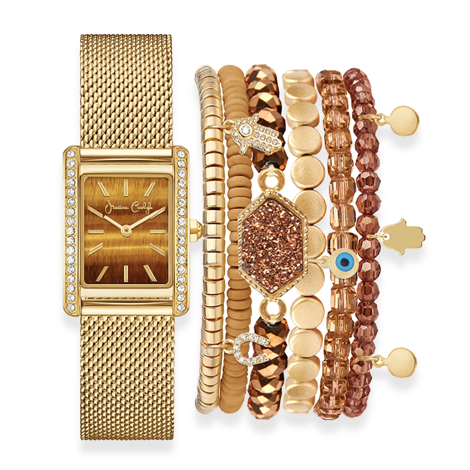 Jessica Carlyle Women's Shiny Gold Tone Mesh Strap 33mm Analog Watch & Coordinating, Stackable Bracelet Set