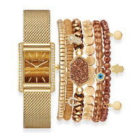 Jessica Carlyle Women's Shiny Gold Tone Mesh Strap 33mm Analog Watch & Coordinating, Stackable Bracelet Set