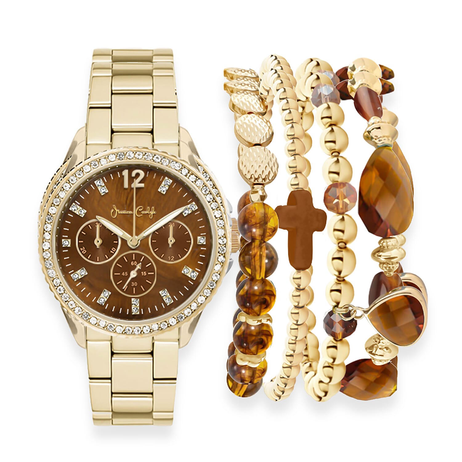 Jessica Carlyle Women's Shiny Gold Tone Metal Alloy Bracelet 34mm Analog Watch & Coordinating, Stackable Bracelet Set