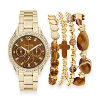 Jessica Carlyle Women's Shiny Gold Tone Metal Alloy Bracelet 34mm Analog Watch & Coordinating, Stackable Bracelet Set