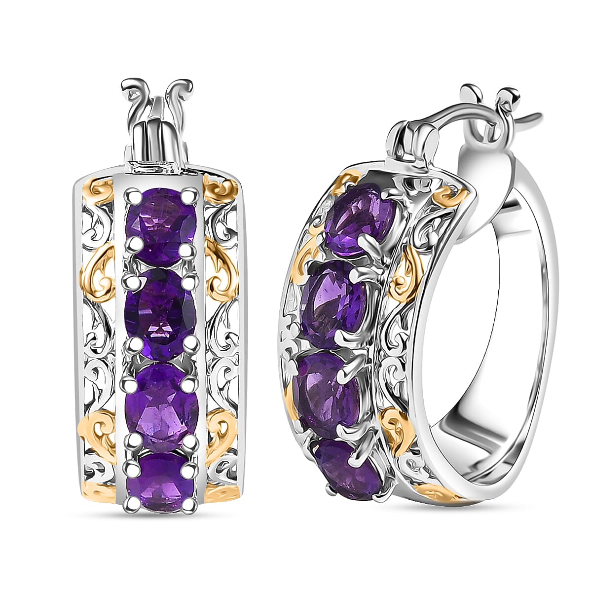 EverTrue African Amethyst Hoop Earrings in 18K YG Plated and Platinum Bond 2.60 ctw