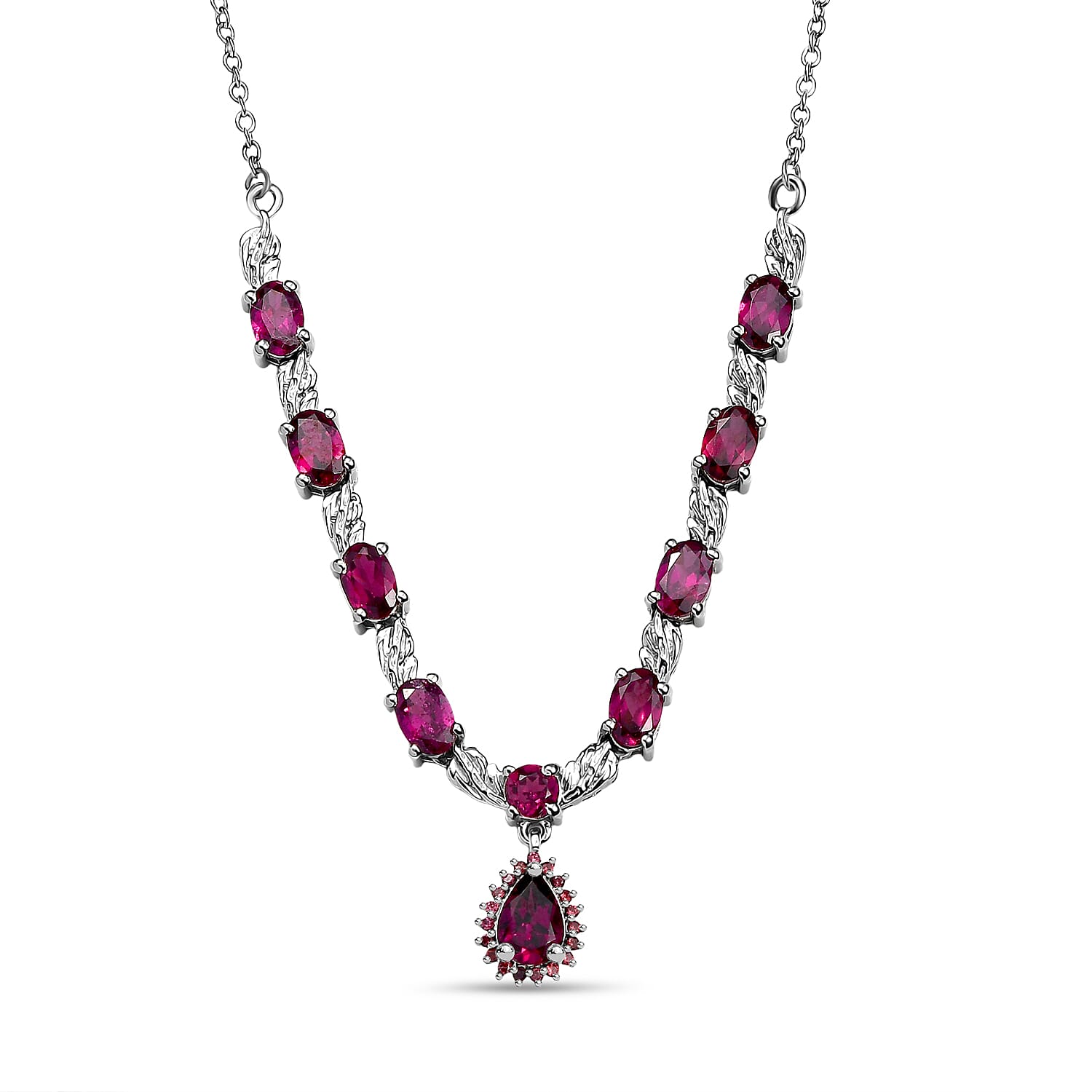 EverTrue Orissa Rhodolite Garnet 6.25 ctw Twilight Leaf Glow Necklace in Platinum Bond and Stainless Steel 18 Inches