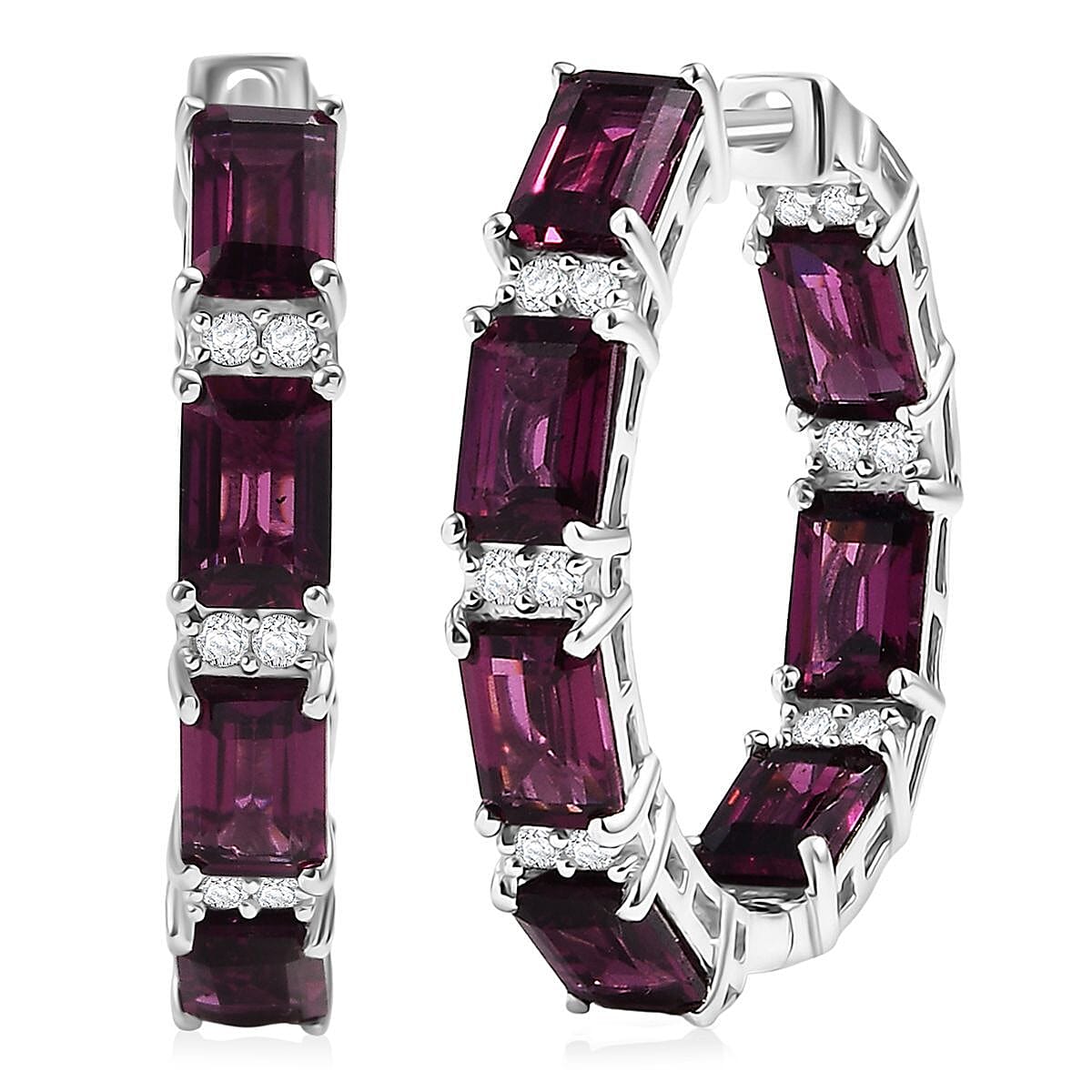D'Joy Radiant Ember Garnet and White Zircon 10.40 ctw Hoop Earrings in Rhodium Over Sterling Silver