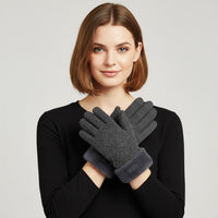 Tamsy Grey Cashmere Wool Gloves with 2 Fingers Screen Touch and Fur Cuff - L
