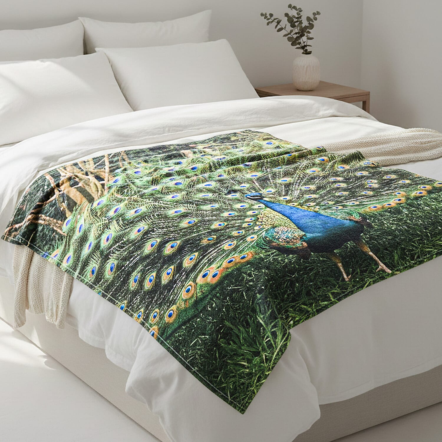 Livmore Green Peacock Pattern Digital Printed Flannel Blanket (59.06"×78.74")