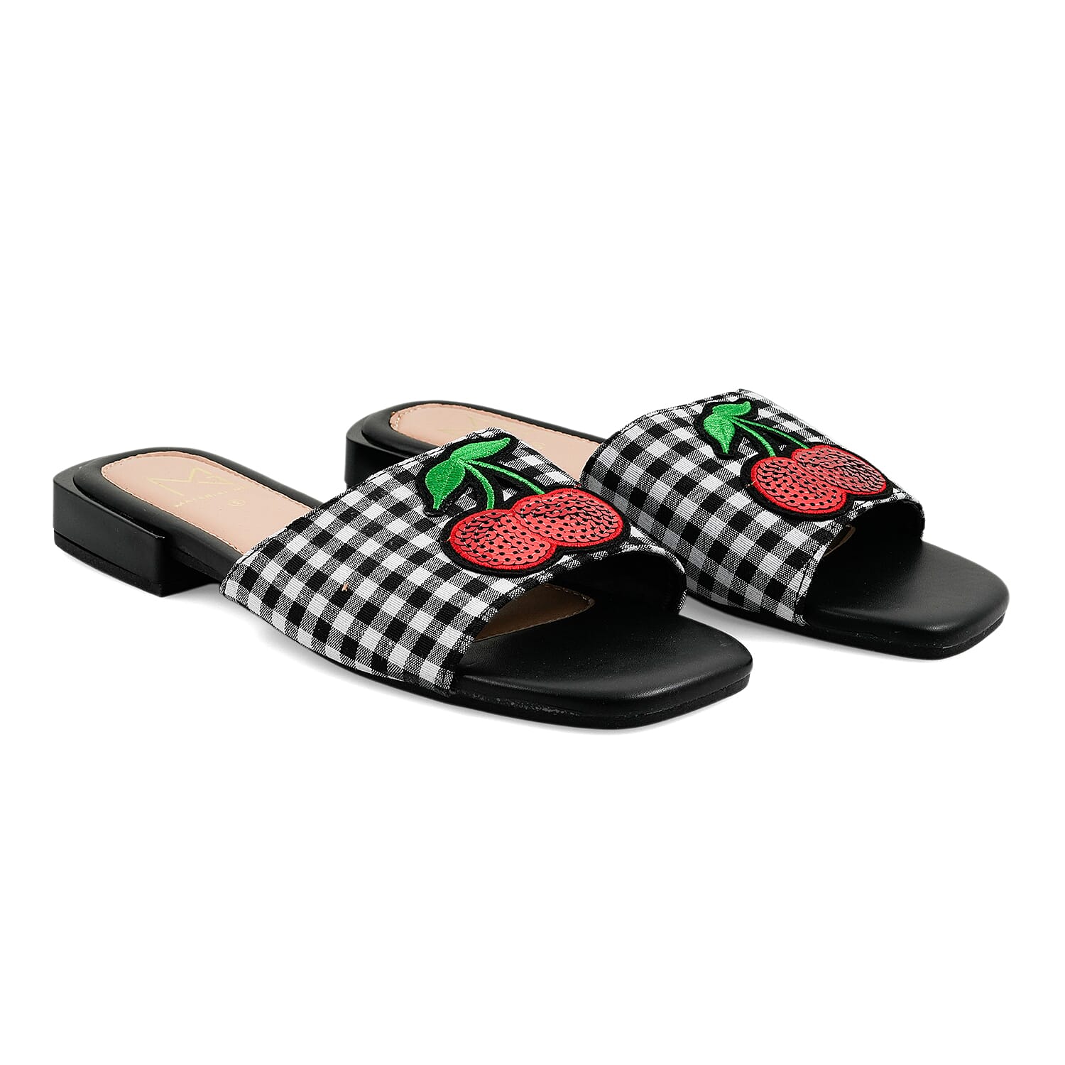 MATERIAL GIRL Black Checkered Fruit Heel Sandal - Size 6