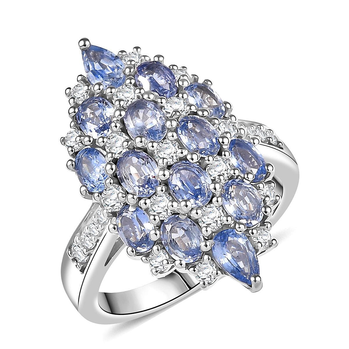 D'Joy Ceylon Blue Sapphire, White Zircon Ring in Rhodium Over Sterling Silver (Size 10.0) 4.25 ctw