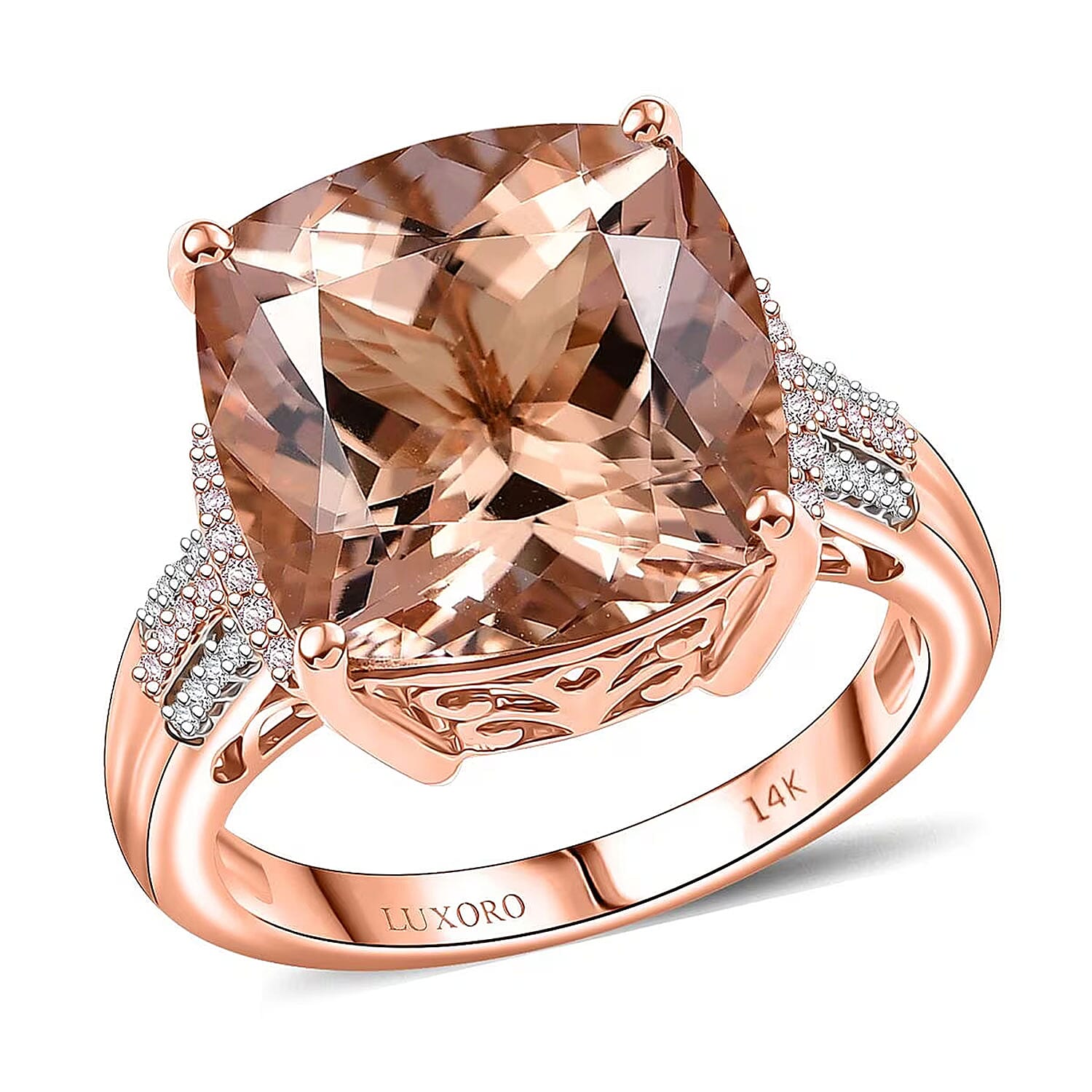 Luxoro 14K Rose Gold AAA Marropino Morganite, Natural Pink and White Diamond (I2) Ring (Size 6.0) 11.70 ctw