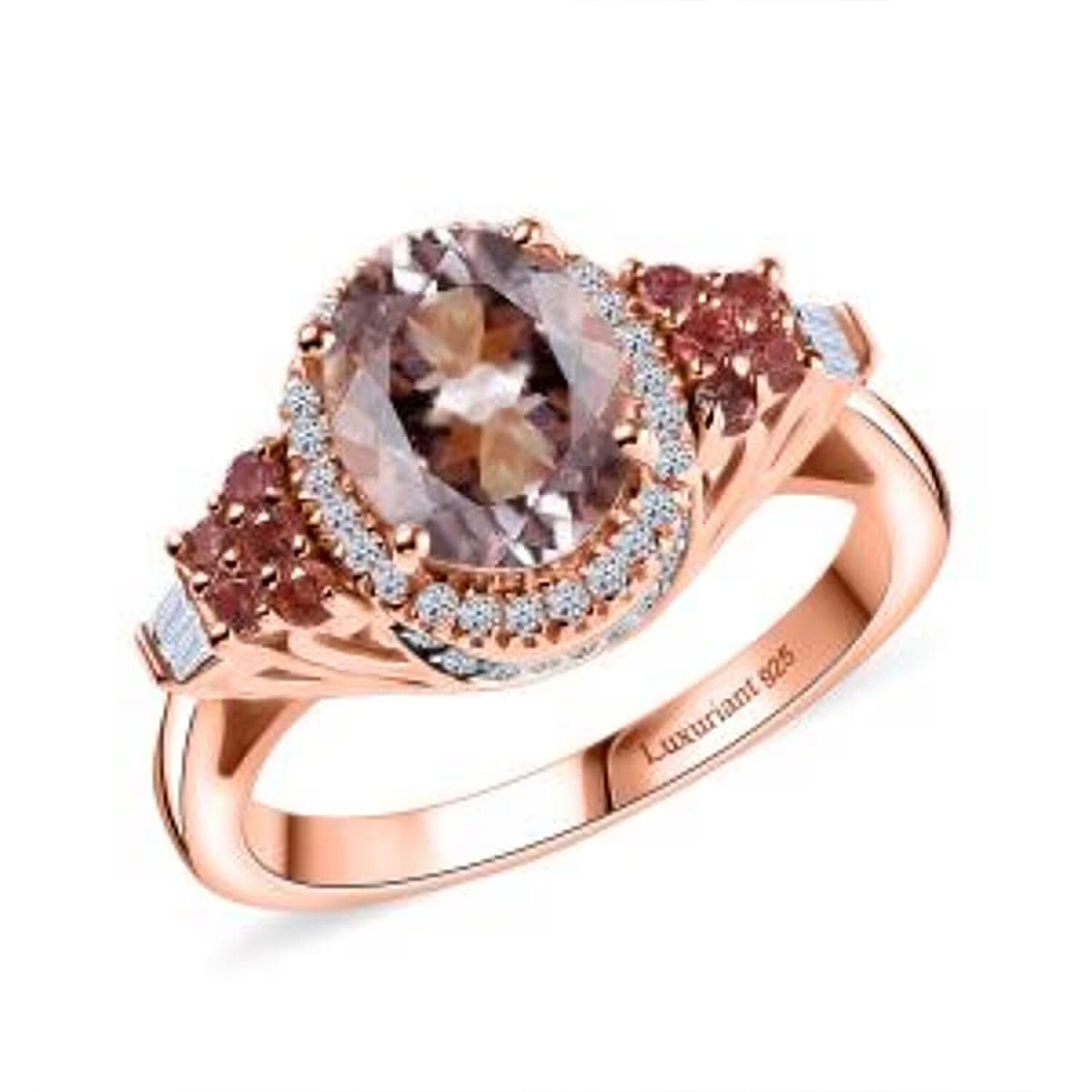 Premium Pink Morganite, Padparadscha Sapphire, Luxuriant Lab Grown Diamond Ring in 18K Vermeil RG Over Sterling Silver (Size 10.0) 2.10 ctw