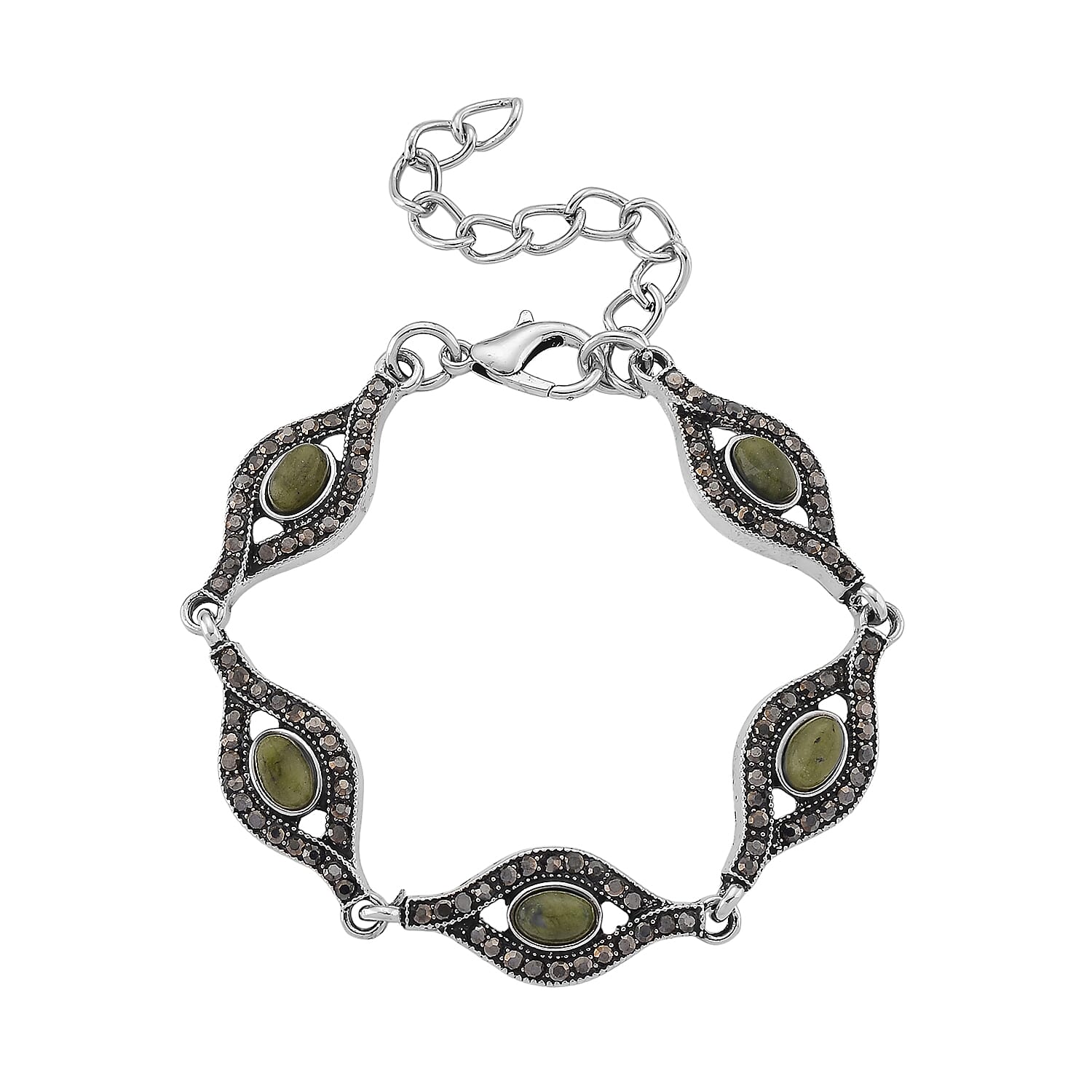 Connemara Marble and Austrian Crystal Beaded 22.00 ctw Irish Eye Bracelet in Silvertone (6.5-8.5In)