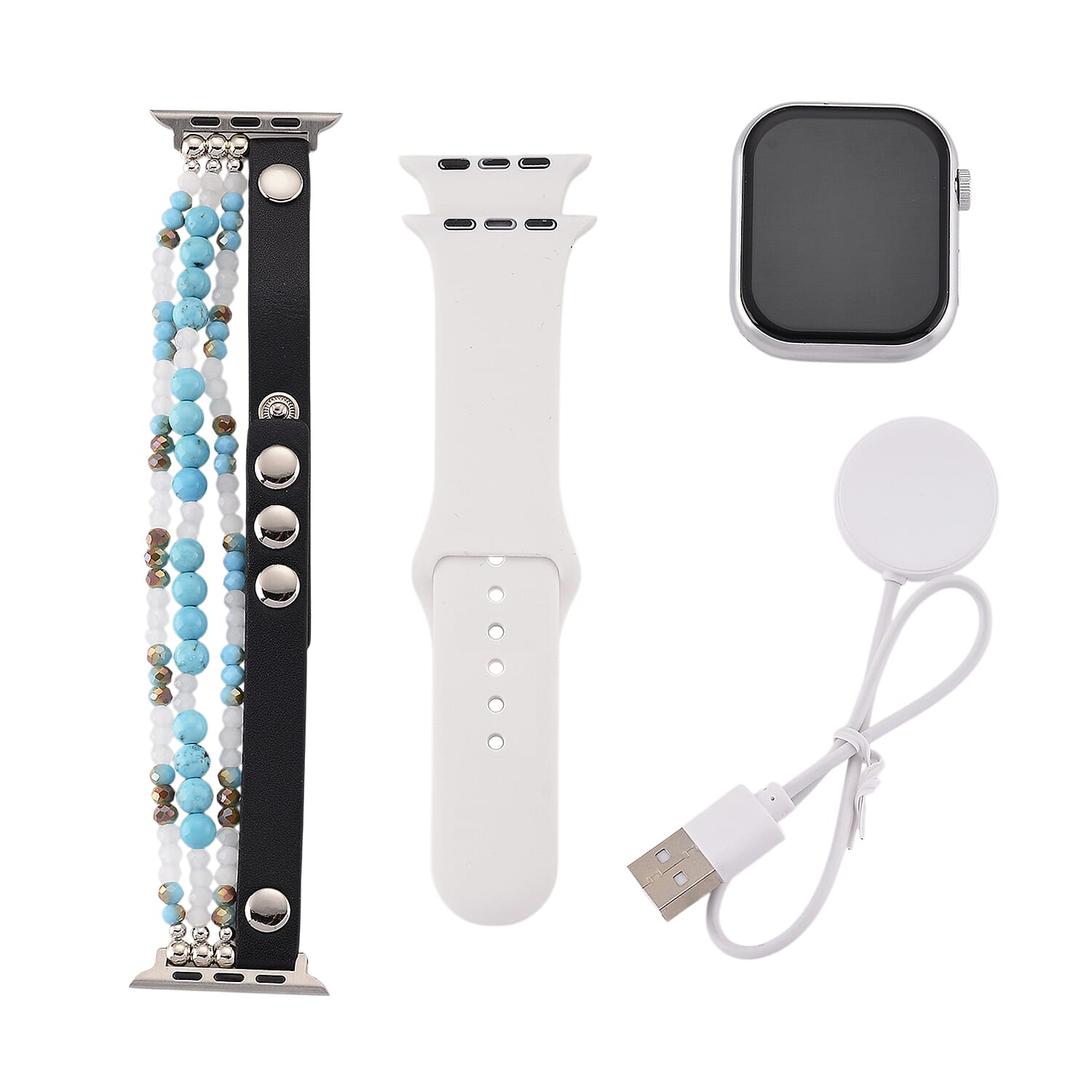 S9 Multi Functional Smart Watch with White Silicone and Blue Howlite with Crystal Faux Leather Strap
