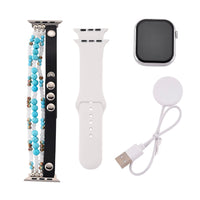 S9 Multi Functional Smart Watch with White Silicone and Blue Howlite with Crystal Faux Leather Strap