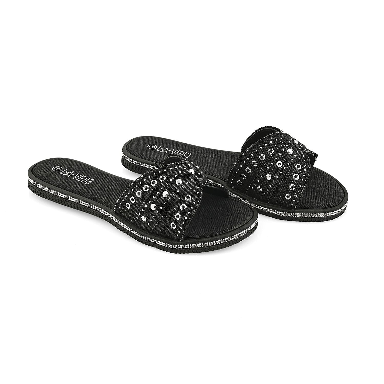 LOVE 83 Black Denim Stud and Rhinestone Slides - S