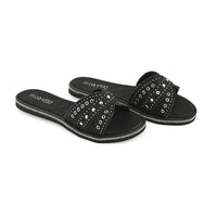 LOVE 83 Black Denim Stud and Rhinestone Slides - S