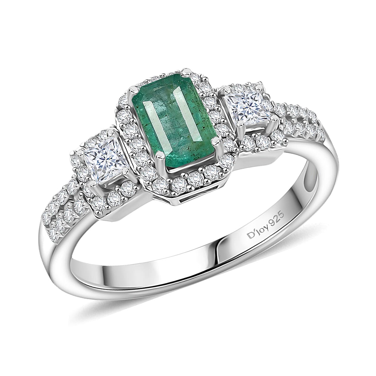 D'Joy Premium Kagem Zambian Emerald, Moissanite Ring in Rhodium Over Sterling Silver (Size 6.0) 1.10 ctw