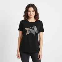 Tamsy Black Butterfly Design Short Sleeve Shirt - One Size Fits Up to XLarge