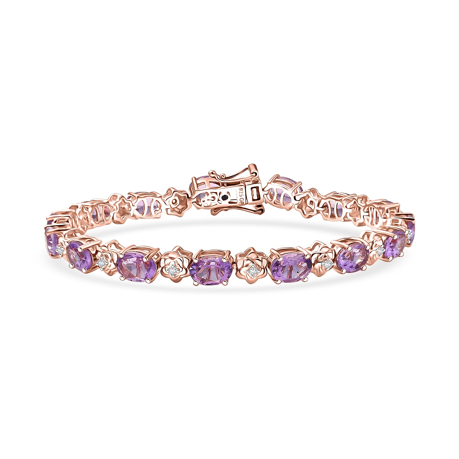 GP AAA Rose De France Amethyst and White Zircon 11.75 ctw Bracelet in 18K Vermeil Rose Gold Over Sterling Silver (7.25 In)