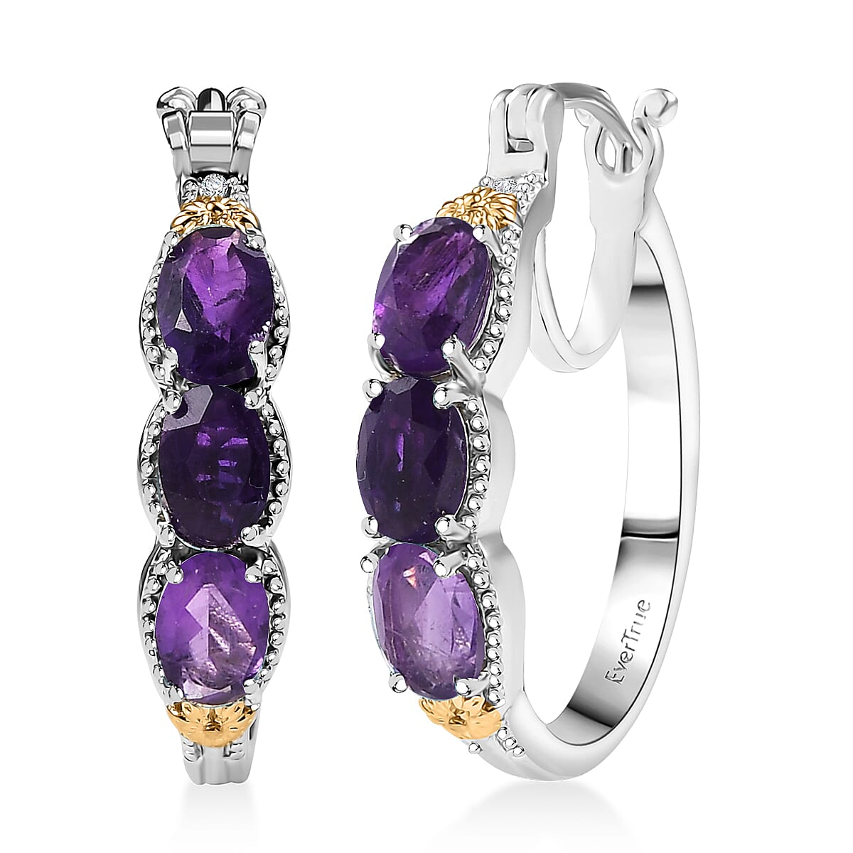 EverTrue African Amethyst 2.50 ctw Hoop Earring in 18K YG Plated and Platinum Bond
