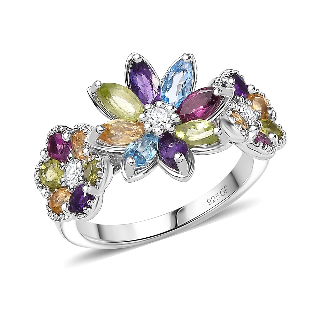 GP Italian Garden Collection Multi Gemstone Ring in Rhodium Over Sterling Silver (Size 9.0) 2.90 ctw