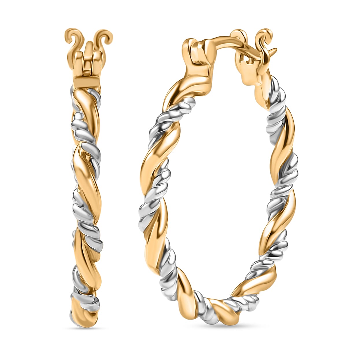 D'Joy Two-tone Twisted Hoop Earrings in 18K Vermeil YG and Rhodium Over Sterling Silver 5 Grams