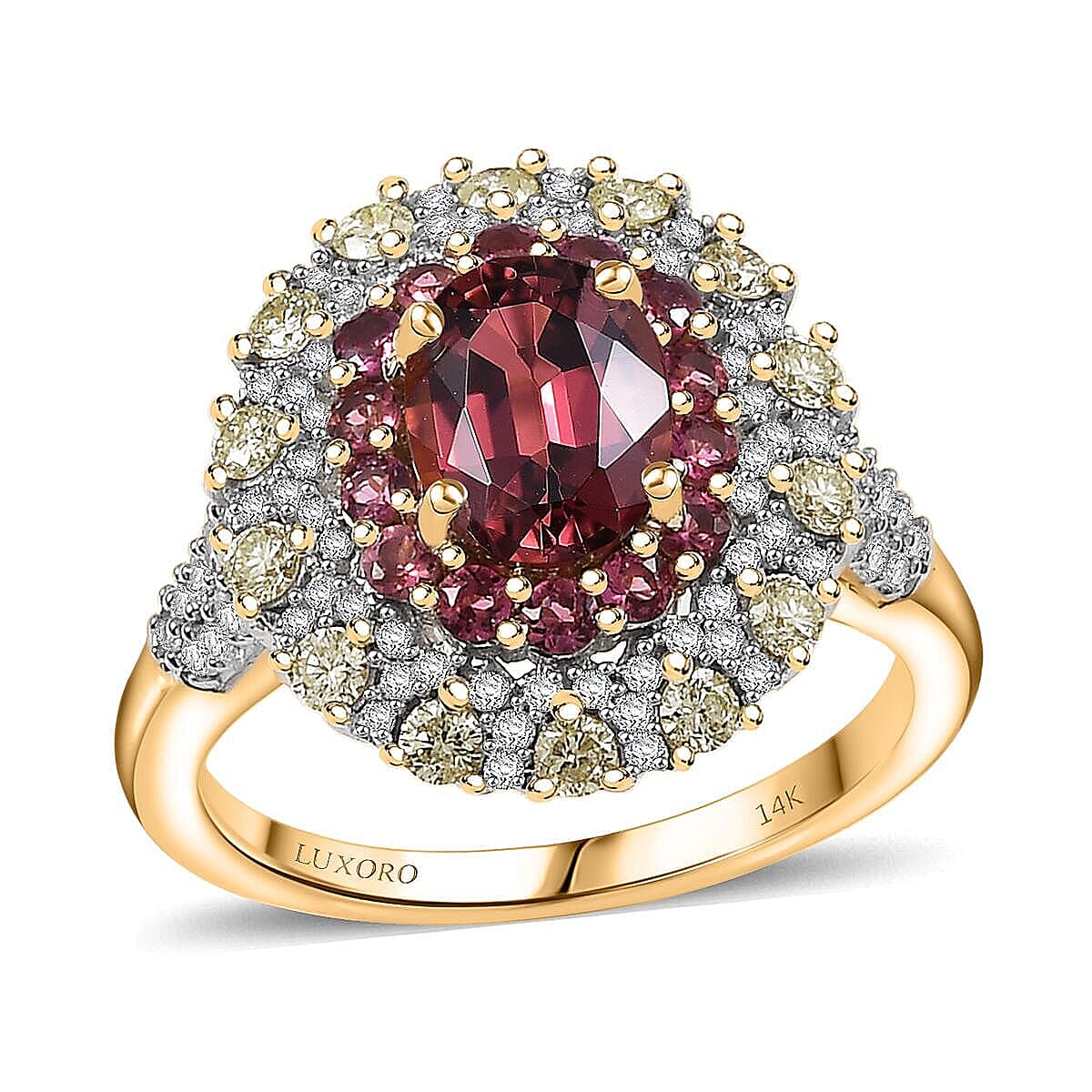Luxoro 14K Yellow Gold AAA Ouro Fino Rubellite, Natural Yellow and White Diamond (I2) (0.90 cts) Ring (Size 10.0) 2.65 ctw