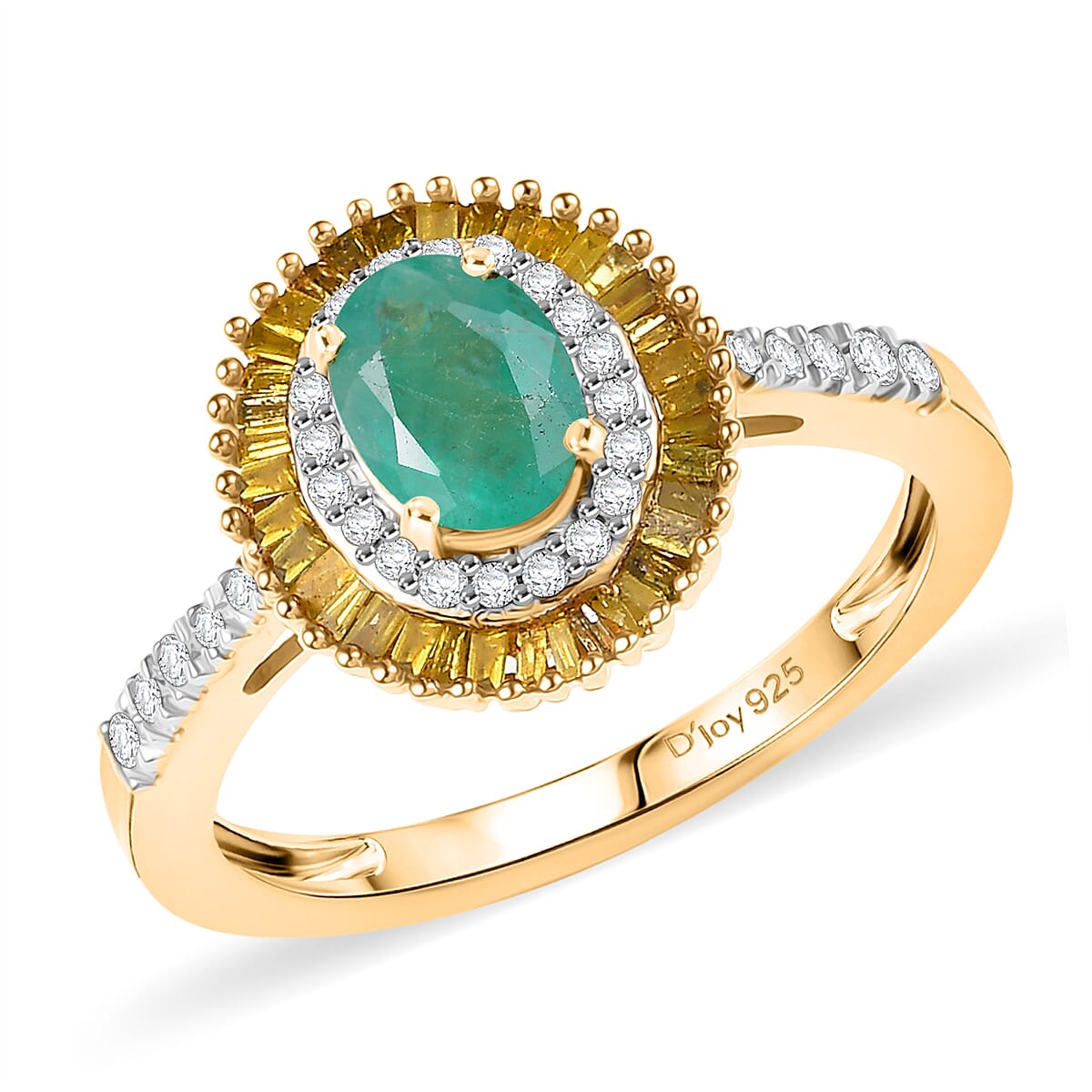 D'Joy Premium Kagem Zambian Emerald, Yellow Diamond (IR) and Diamond (0.50 cts) Ring in 18K Vermeil YG Over Sterling Silver (Size 10.0) 1.25 ctw