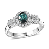 D'Joy Lagoon Tourmaline ,  Moissanite  Main Stone With Side Stone Ring in Rhodium OverSterling Silver 0.99 ctw