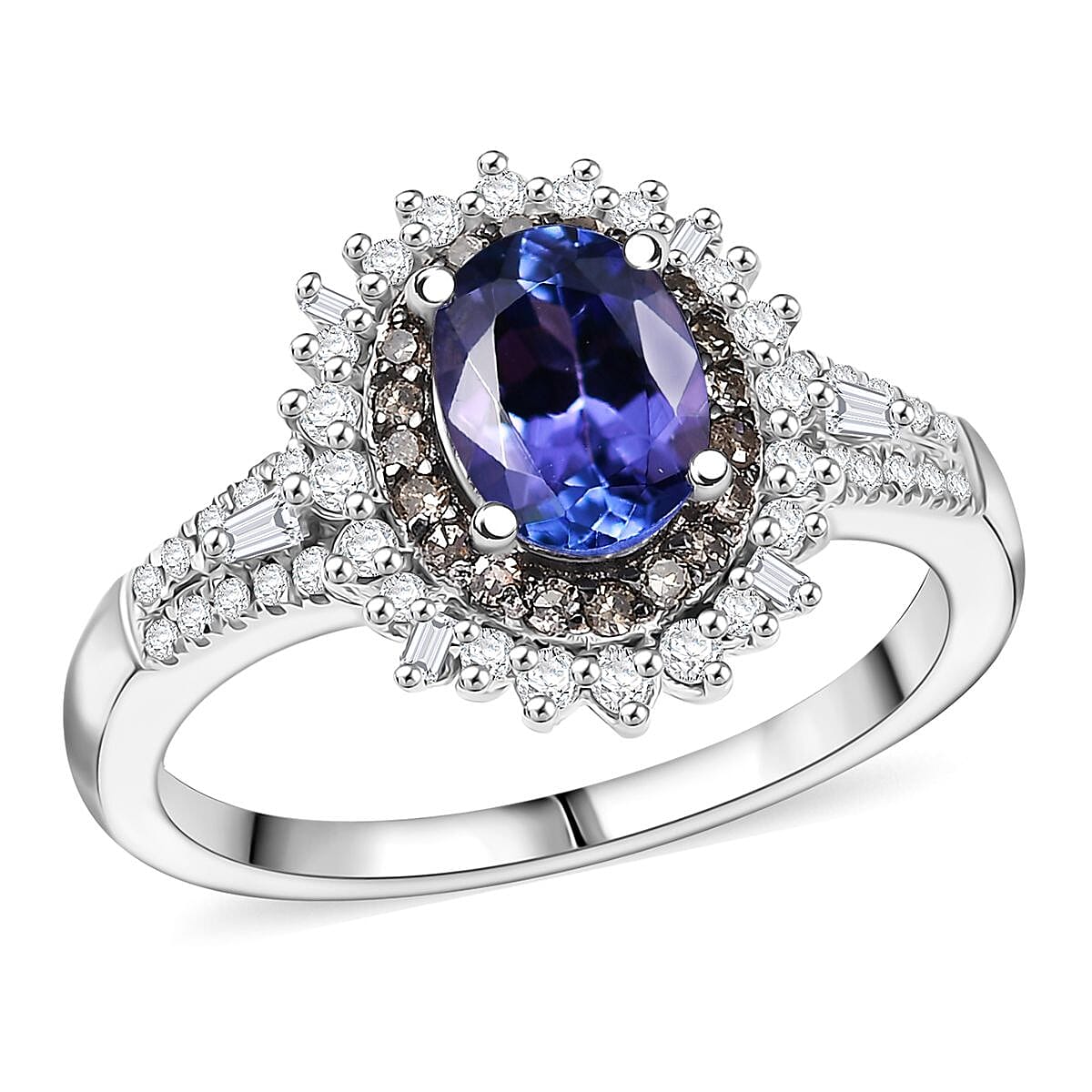 D'Joy Premium Tanzanite, Natural Champagne and White Diamond 1.60 ctw Ring in Rhodium Over Sterling Silver