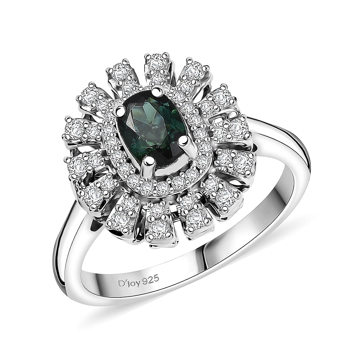 D'Joy Pirineu Lagoon Tourmaline, Moissanite Ring in Rhodium Over Sterling Silver (Size 10.0) 1.01 ctw