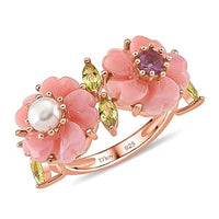 D'Joy Pink Conch Shell and Multi Gemstone 7.40 ctw Ring in Vermeil RG Over Sterling Silver (Size 10)