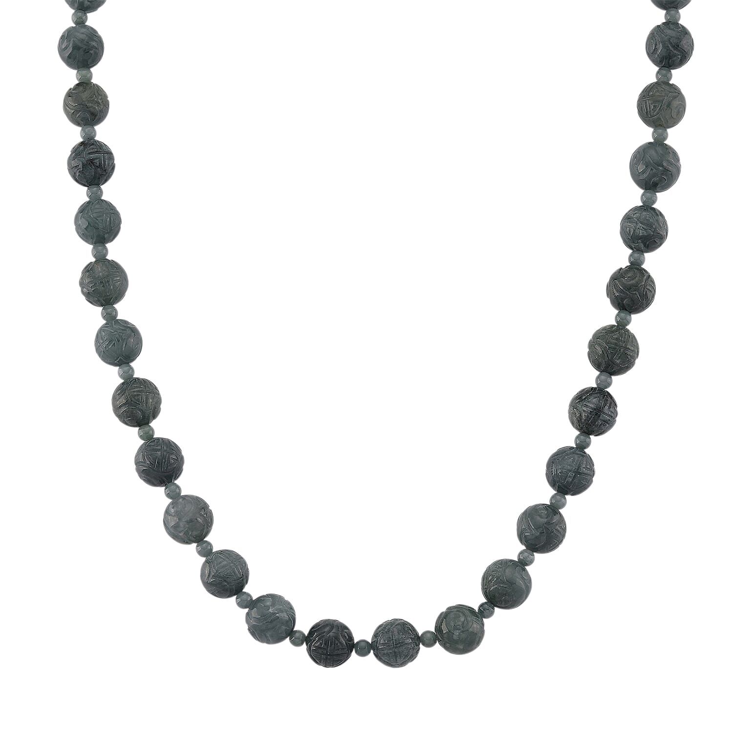 D'Joy Natural Olmec Jadeite 420.00 ctw Carved Beaded Necklace in Rhodium Over Sterling Silver 18-20 Inches