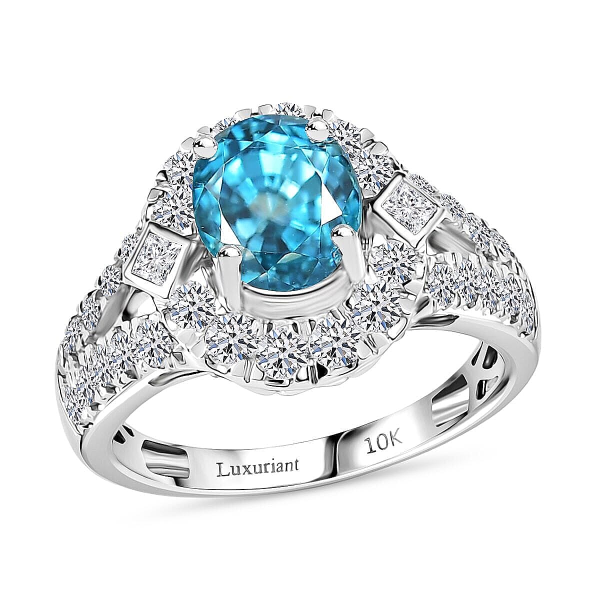 10K White Gold AAA Cambodian Blue Zircon, Luxuriant Lab Grown Diamond (G-H, SI) (0.65 cts) Ring (Size 10.0) 4.85 ctw