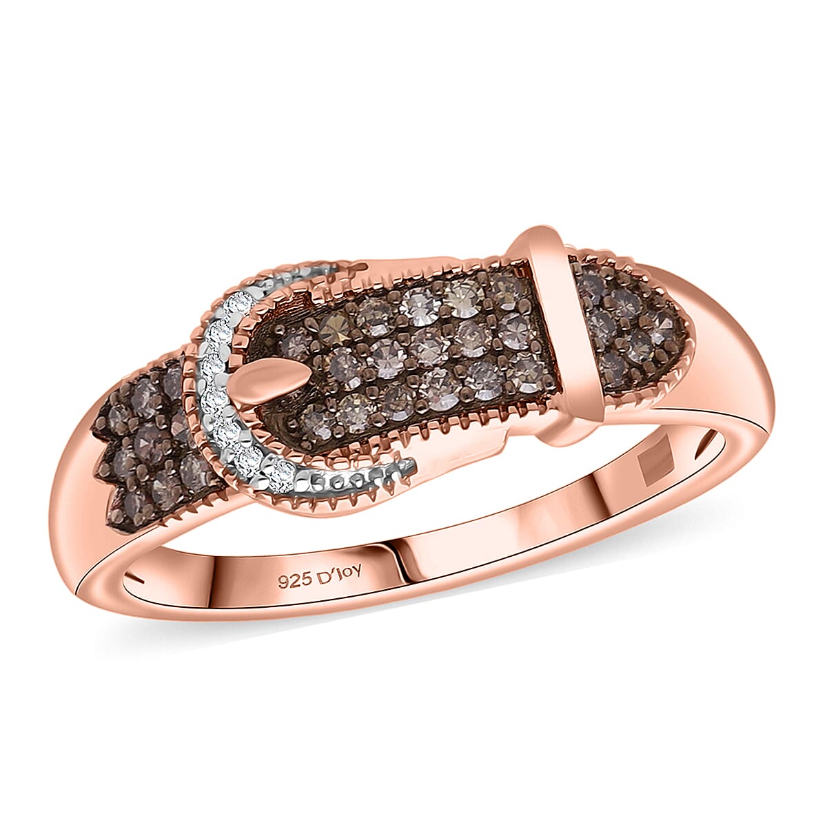 Doorbuster D'Joy Natural Champagne and White Diamond Buckle Ring in 18K Vermeil RG Over Sterling Silver (Size 10.0) 0.25 ctw