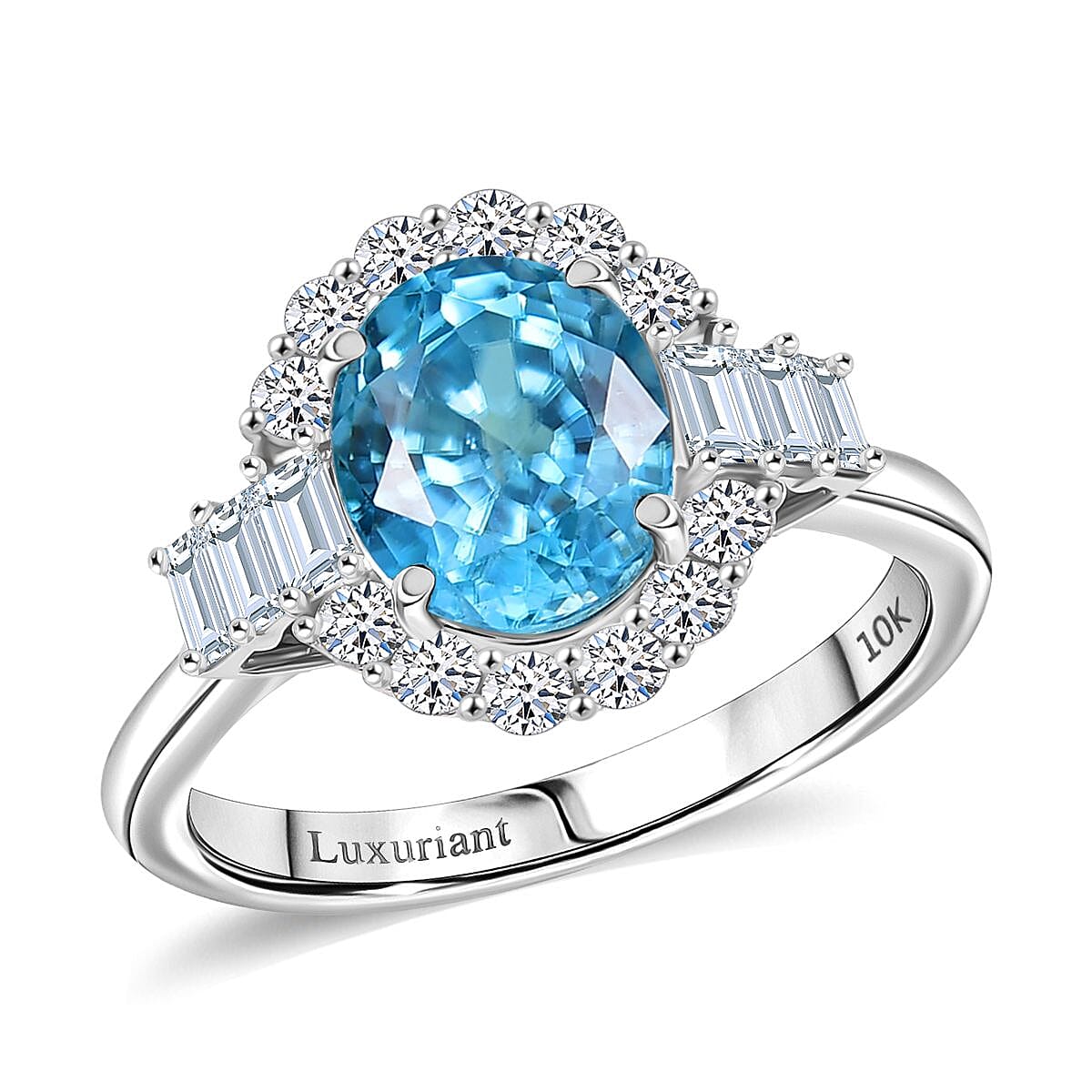 Certified & Appraised 10K White Gold AAA Cambodian Blue Zircon, Luxuriant Lab Grown Diamond (G-H, SI) Ring (Size 10.0) 4.42 ctw
