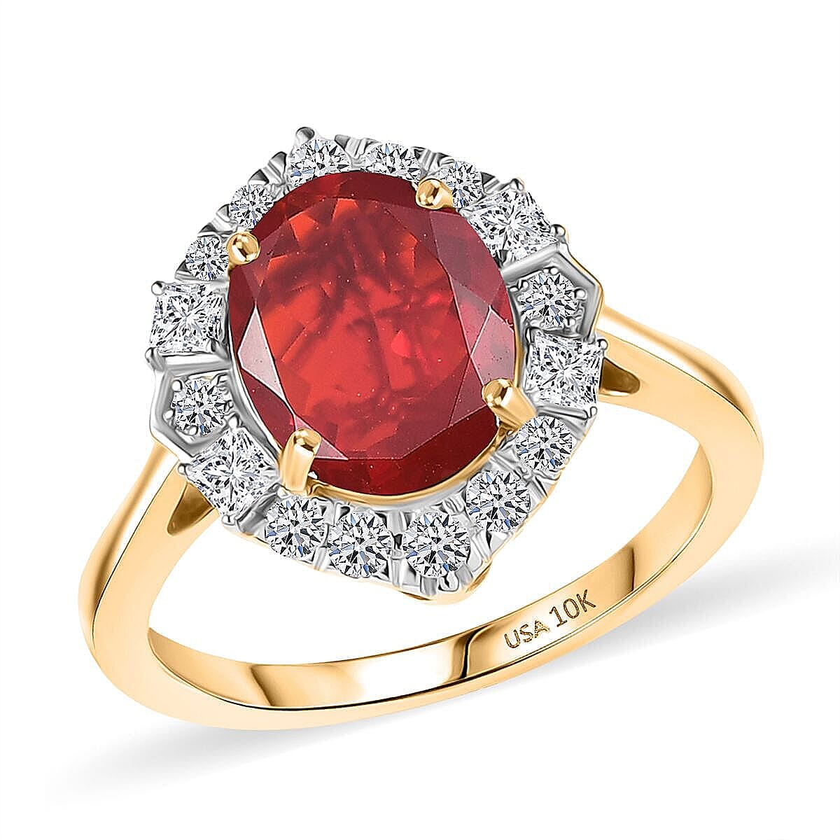 Certified and Appraised 10K Yellow Gold AAA Salamanca Fire Opal, Luxuriant Lab Grown Diamond (G-H, SI) Ring (Size 10.0) 2.21 ctw