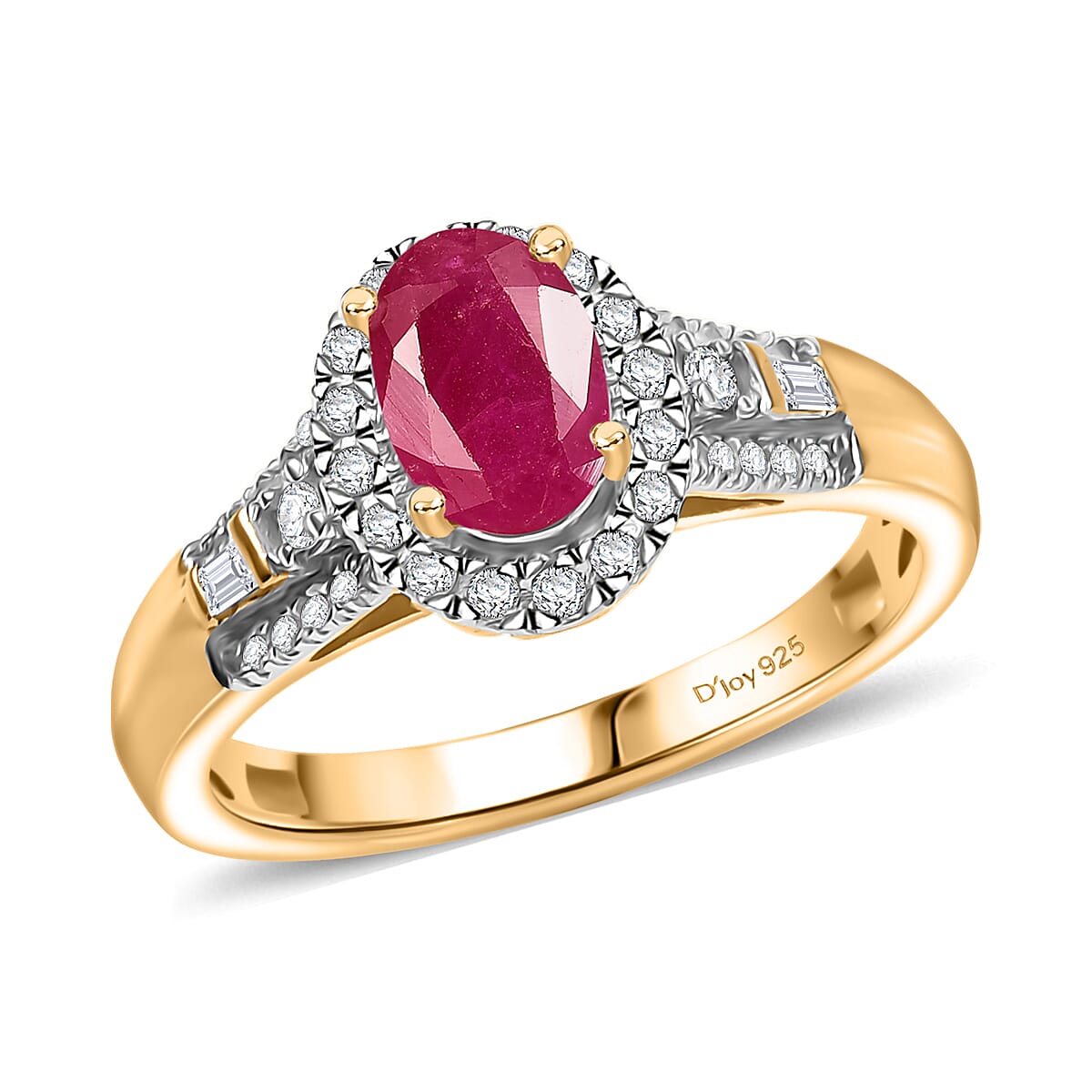 D'Joy AAA Royal Ruby and Diamond 1.50 ctw Ring in 18K Vermeil Yellow Gold Over Sterling Silver