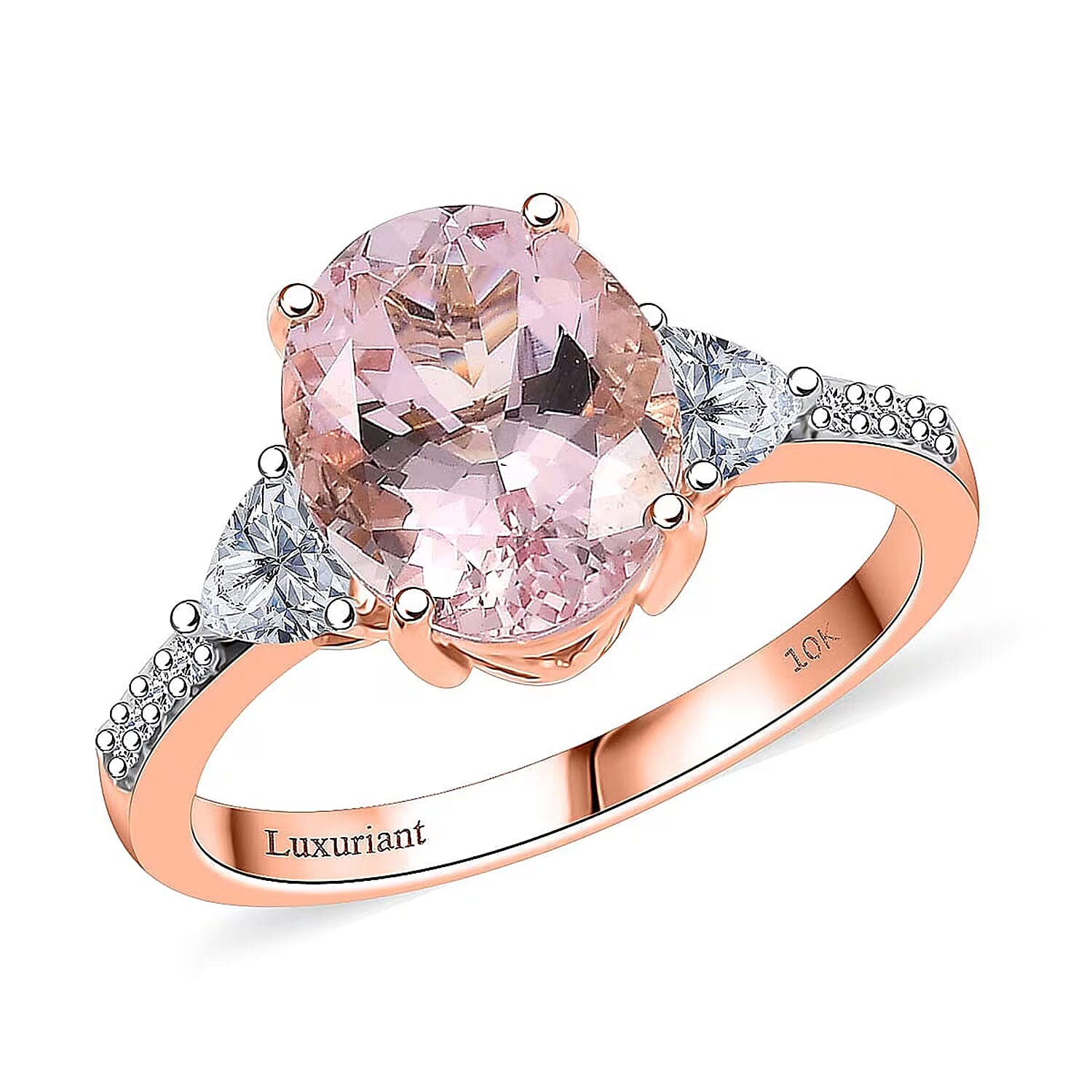 10K Rose Gold AAA Pink Morganite, Luxuriant Lab Grown Diamond (E-F, VS) (0.35 cts) Ring (Size 10.0) 4.10 ctw
