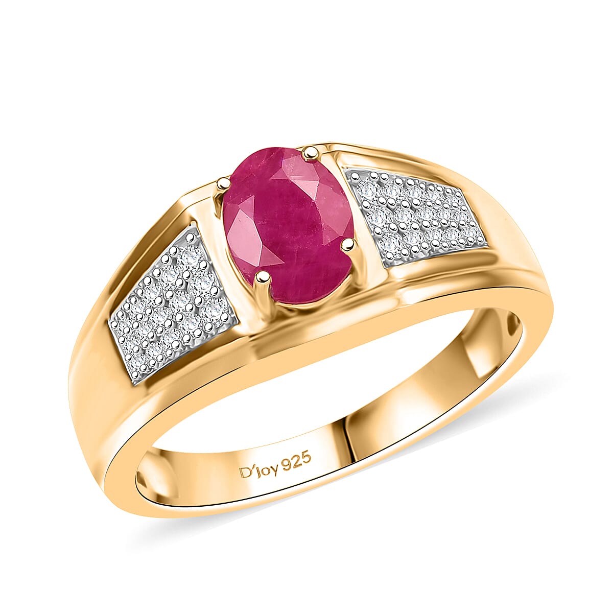 D'Joy AAA Royal Ruby and Diamond 2.00 ctw Men's Ring in 18K Vermeil Yellow Gold Over Sterling Silver