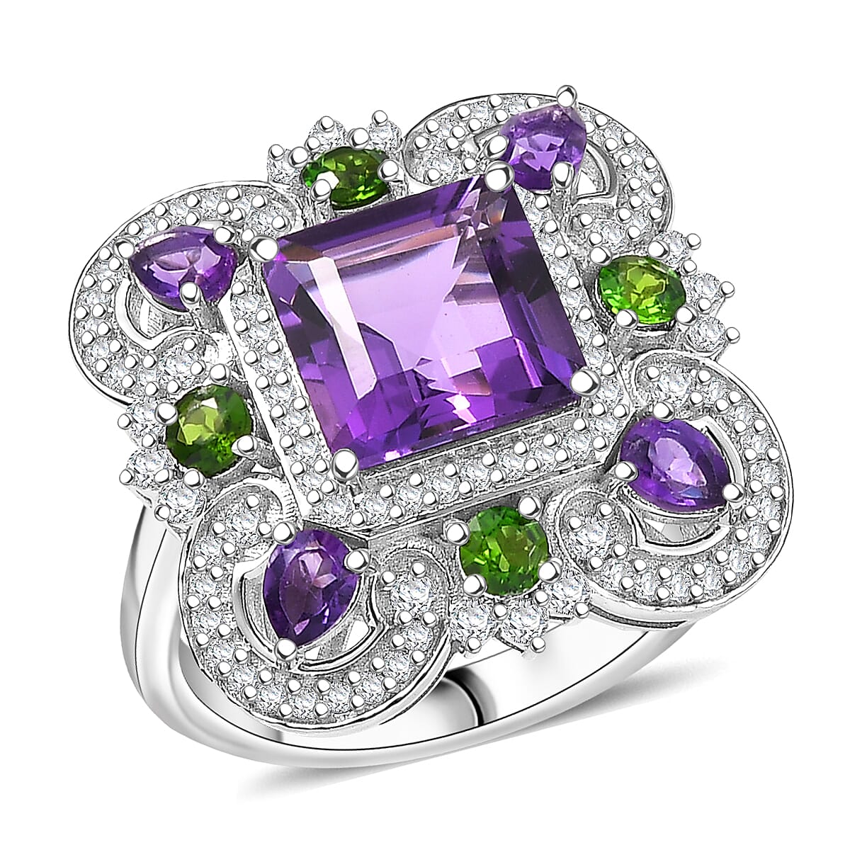 GP African Amethyst, Multi Gemstone Ring in Rhodium Over Sterling Silver (Size 10.0) 5.50 ctw