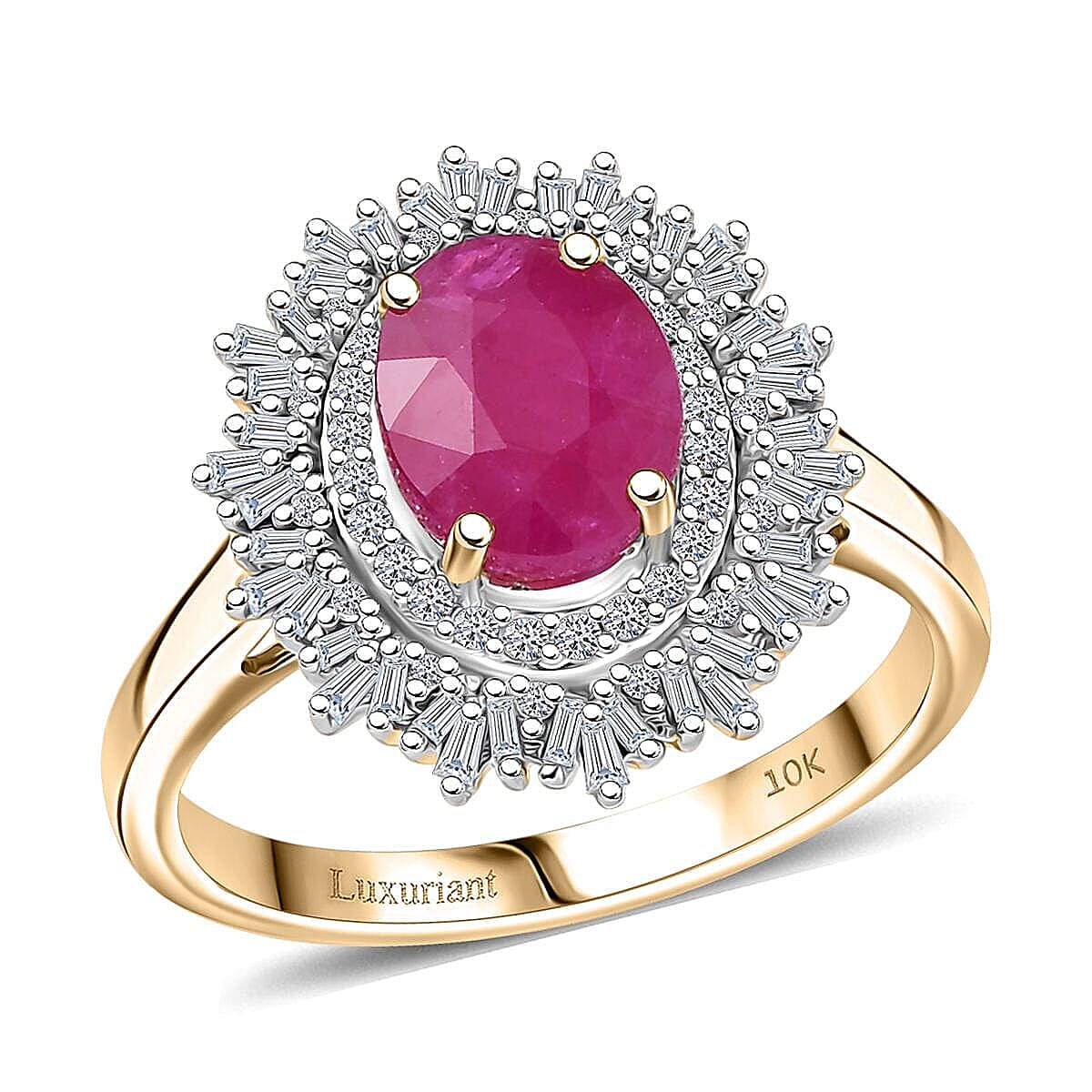 10K Yellow Gold AAA Royal Ruby, Luxuriant Lab Grown Diamond (E-F, VS) (0.40 cts) Ring (Size 10.0)(Del. in 10-12 Days) (4.25 g) 3.40 ctw