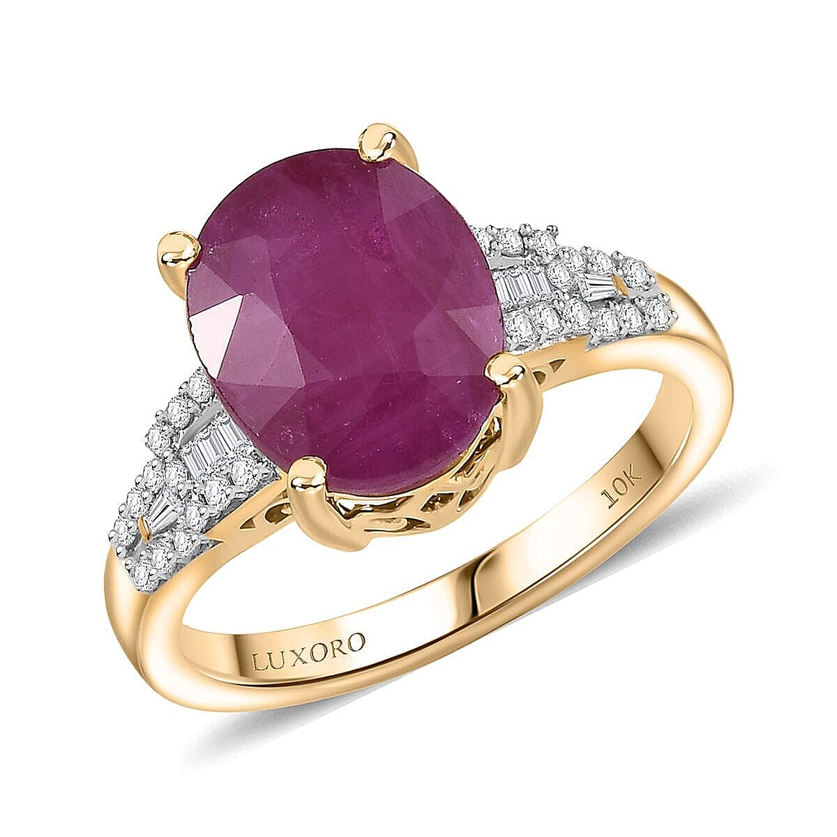 Luxoro 10K Yellow Gold AAA Royal Ruby, Diamond (G-H, I2) (0.20 cts) Ring (Size 10.0) 5.75 ctw