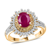 D'Joy AAA Royal Ruby, Yellow Sapphire and Diamond (0.45 cts) Ring in 18K Vermeil YG Over Sterling Silver (Size 10.0) 1.85 ctw