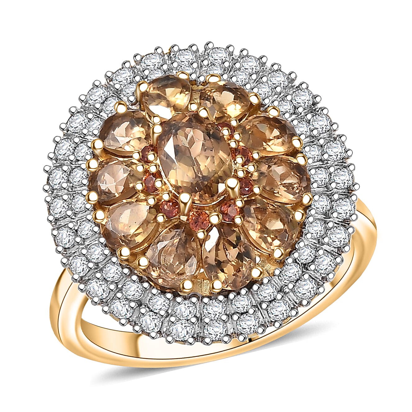 D'Joy Golden Turkizite, White and Chocolate Zircon Floral Ring in 18K Vermeil YG Over Sterling Silver (Size 10.0) 3.90 ctw
