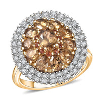 D'Joy Golden Turkizite, White and Chocolate Zircon Floral Ring in 18K Vermeil YG Over Sterling Silver (Size 10.0) 3.90 ctw