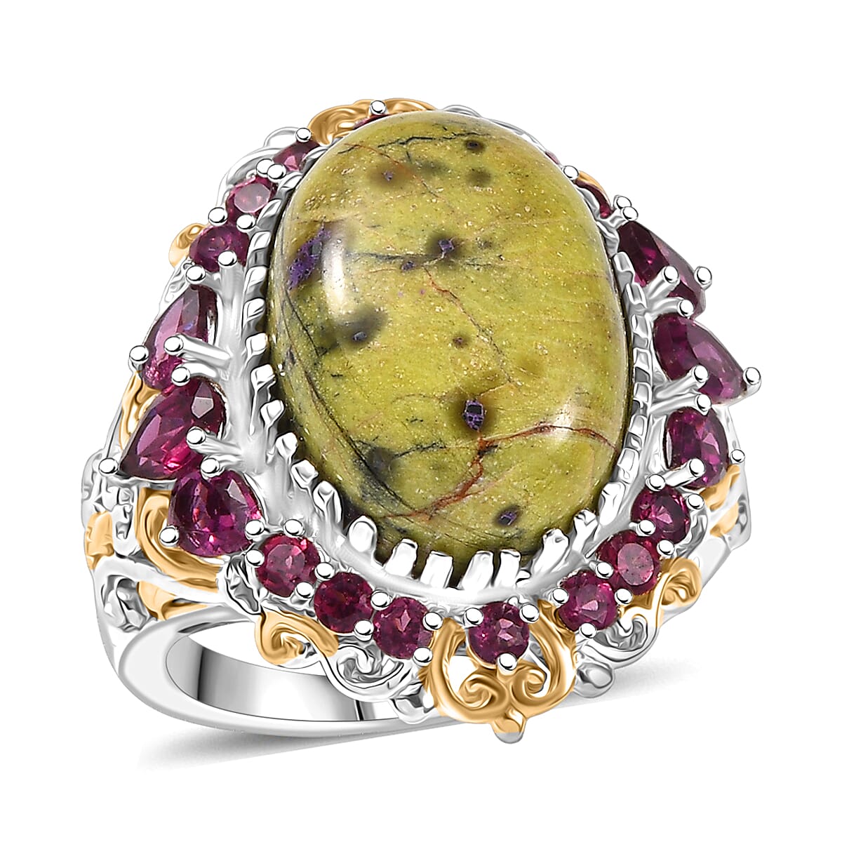 EverTrue Tasmanian Stichtite, Orissa Rhodolite Garnet Cluster Ring in 18K YG Plated and Platinum Bond (Size 10.0) 12.20 ctw