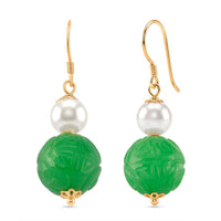 D'Joy Green Jade Carved and Freshwater Pearl 20.00 ctw Beaded Earrings in 14K YG Over Sterling Silver