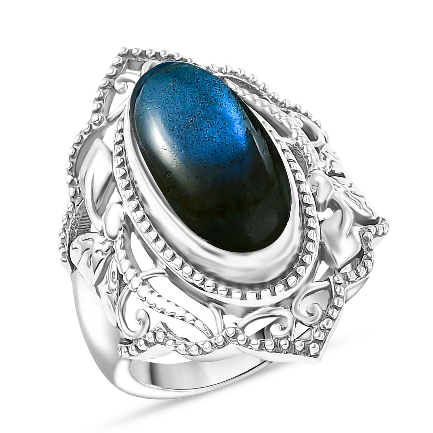 D'Joy Passport to Israel Artisan Crafted Malagasy Labradorite Solitaire Ring Black Oxidised Sterling Silver (Size 10.0) 5.35 ctw