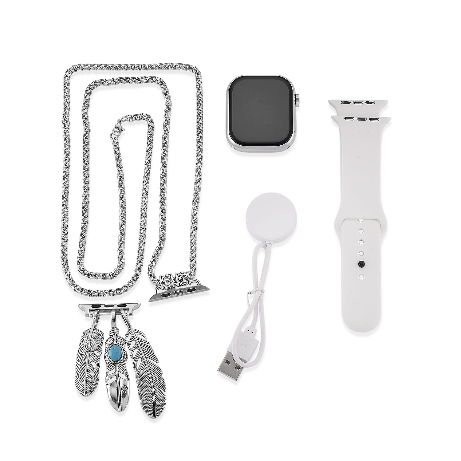 S9 Smart Multi-functional Silver Smart Watch with White Silicone Strap and Robot Pendant Necklace (36 Inches) in Silvertone