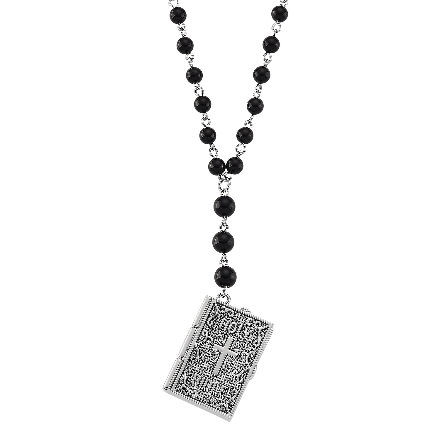 Genoa Black Obsidian Japanese Movement Bible Pocket Watch with Chain (36 Inches) in Silvertone 145.00 ctw