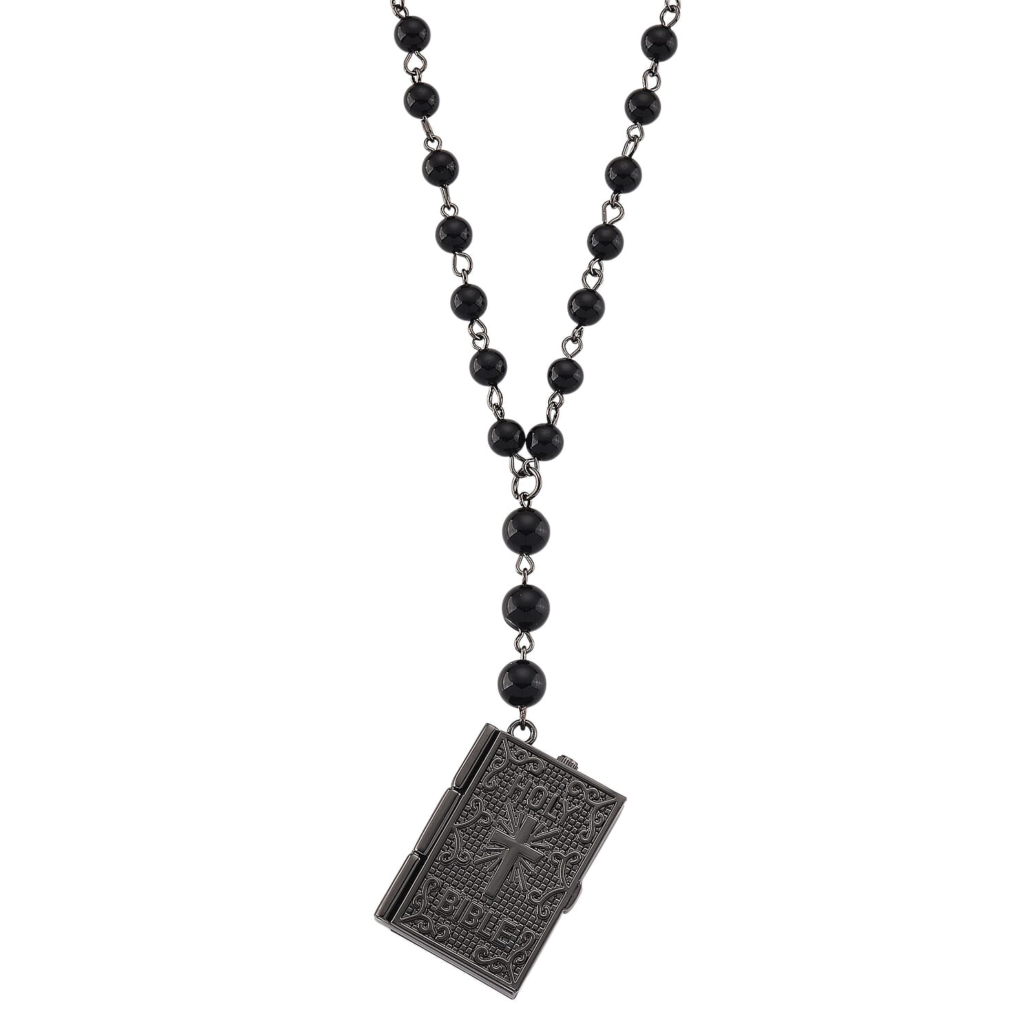 Genoa Black Obsidian 145.00 ctw Japanese Movement Bible Pocket Watch with Chain 36 Inches in Aged Black Silvertone